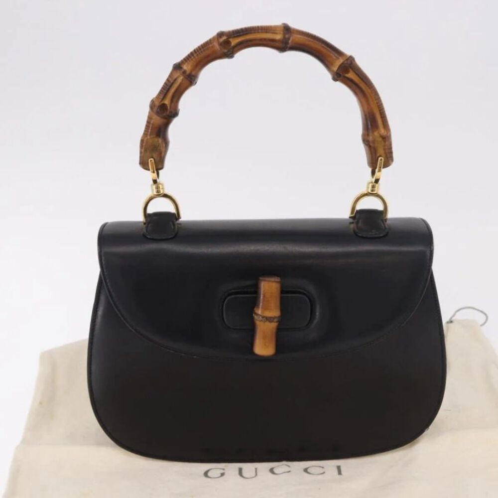 Gucci Vintage Convertible Bamboo Top Handle Leather Black Leather Handbag - Picture 14 of 16